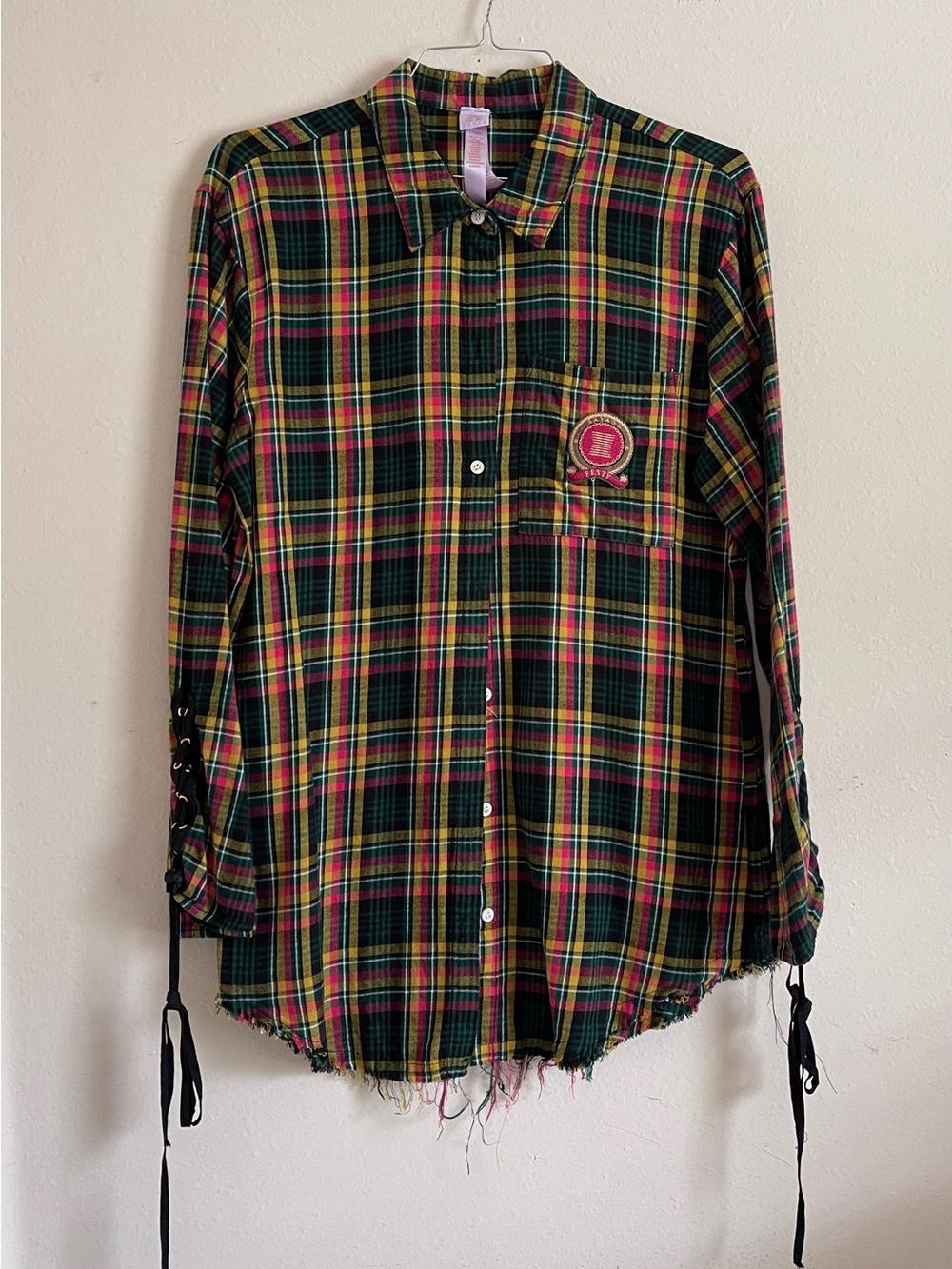 Savage X Fenty Green Pink Yellow Plaid Button-Down Shirt